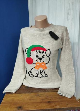 Женский джемпер с вышивкой кошечки теплый новогодний свитер2 фото