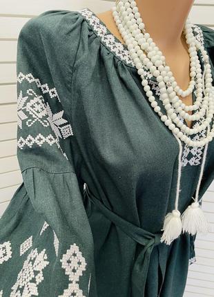 Стильна смарагдова натуральна сукня з вишивкою вишиванка4 фото