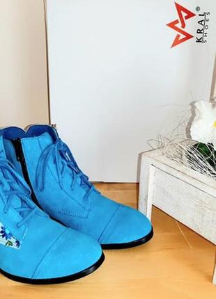 Жіночі  сині шкіряні черевички (ручна робота, kral словаччина)2 фото