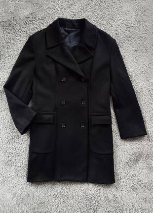 Корутое двубортное женское тёмное удлиненное шерстяное пальто 60% шерсти prada tg.46