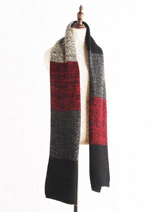 В'язаний шарф теплий бордово-чорний смугастий унісекс 200*35 см