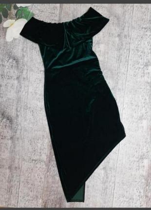 Вечірня смарагдова зелена ізумрудна сукня бархатна асиметрична з відкритими плечами2 фото