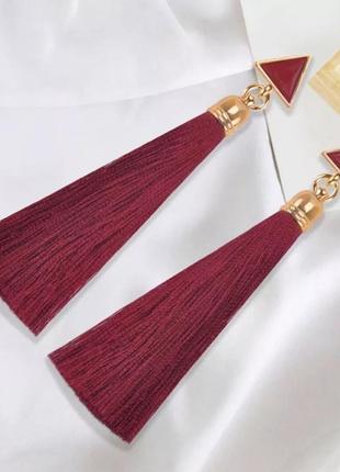 Серьги/сережки кисточки, длинные, из ниток, с подвеской «art deco» (красный)1 фото