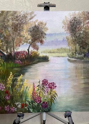 Картина олією, квіти на озері