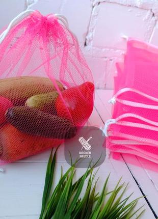 Эко мешочек из сетки ассорти, многоразовый мешок, фруктовка, розовый4 фото