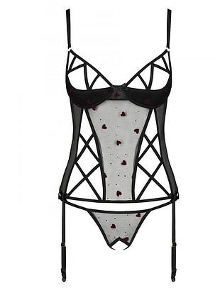 Корсет сердце відкрита грудь трусики сітка комплект білизни прінт панчохи