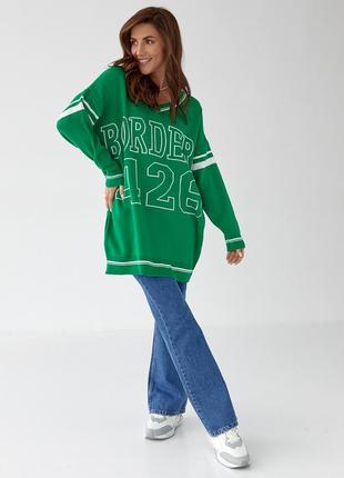 Подовжений жіночий пуловер оверсайз із написом — зелений колір, l (є розміри)6 фото