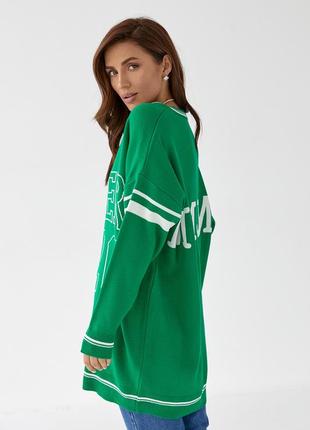 Удлиненный женский пуловер оверсайз с надписью - зеленый цвет, l (есть размеры)2 фото