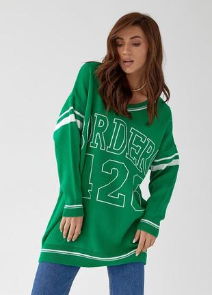 Подовжений жіночий пуловер оверсайз із написом — зелений колір, l (є розміри)5 фото