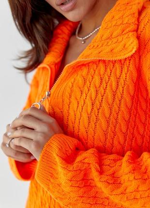 Женский вязаный свитер с узором «косичка» - оранжевый цвет, l (есть размеры)4 фото