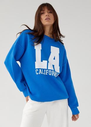 Трикотажный свитшот на флисе с надписью la california - синий цвет, s (есть размеры)