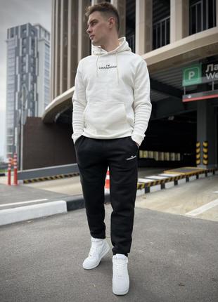Зимний спортивный костюм с начесом белый (молочный) худи + черные штаны i'm ukrainian🇺🇦
