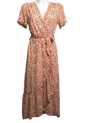 Романтическое длинное бежевое платье в цветочный принт на запах peace n' love(размер 38-40)