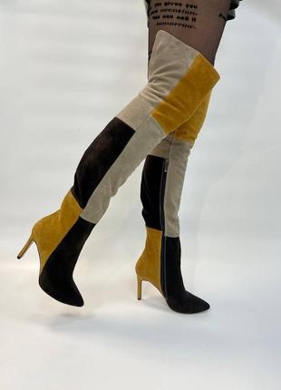 Жіночі високі чоботи ботфорди з натуральної замші комбінований декількох кольорів на шпильці 9 см1 фото