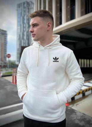 Зимний спортивный костюм adidas с начесом белый (молочный) худи + черные штаны⛄️2 фото