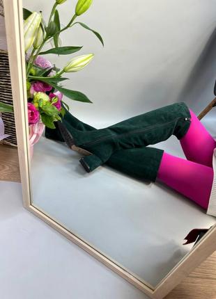Жіночі чоботи з натуральної замші зеленого кольору на каблуку 6 см8 фото