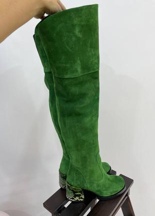 Жіночі високі ботфорти з натуральної яскравої здам очі трав'яного кольору комбінованою шкірою піддон на каблуку 6 см2 фото