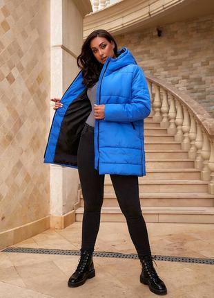 Aiza❄️⛄пуховик⛄❄️ куртка зимова жіноча трапеція тепла а060 електрік яскраво синій синього кольору1 фото