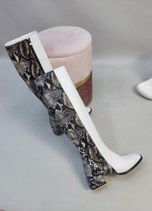 Жіночі чоботи з натуральної шкіри рептилії камін з білої шкіри на маленькому каблуці10 фото