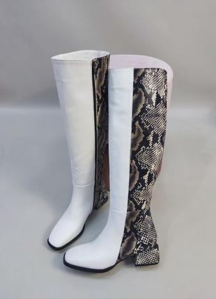 Жіночі чоботи з натуральної шкіри рептилії камін з білої шкіри на маленькому каблуці6 фото