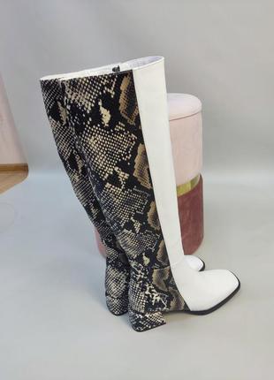 Жіночі чоботи з натуральної шкіри рептилії камін з білої шкіри на маленькому каблуці9 фото
