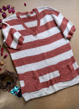 Оверсайз свитер крупной вязки в широкую полоску коричневого и белого цвета tu2 фото