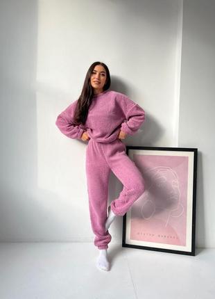 Женская теплая пижама махровая розовая голубая бирюзовая тедди зимняя меховая