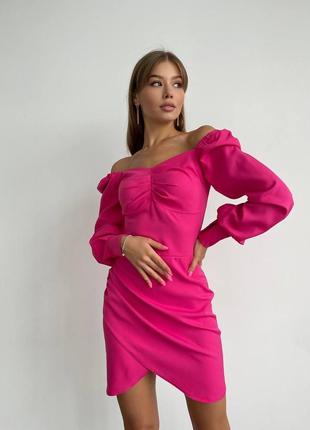 Сукня з оголеними плечима костюмка базова трендова стильна святкова міні коротка плаття ідеальна синій електрик чорний рожевий малиновий10 фото
