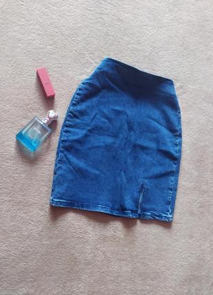 Стильная качественная джинсовая юбка с разрезом на ноге высокая талия1 фото