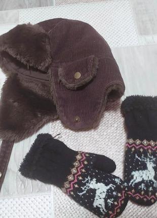 Зимняя детская шапка с варежками
