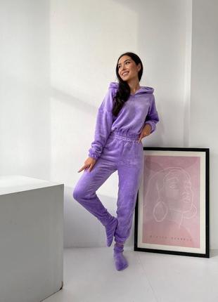 Женская пижама домашний костюм для дома тройка махровый теплый носки носка + брюки и кофта подарок фиолетовый9 фото