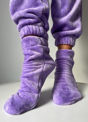 Женская пижама домашний костюм для дома тройка махровый теплый носки носка + брюки и кофта подарок фиолетовый3 фото