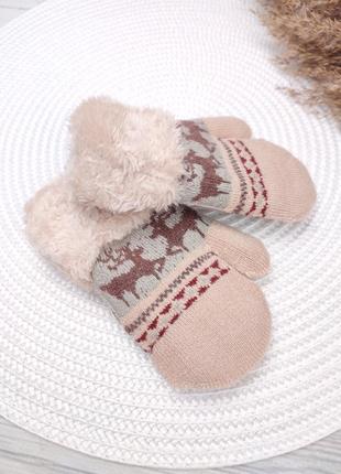 Рукавиці дитячі р. 1-4❄️ подвійні рукавички на шнурівці утеплені ворсовим хутром з шнурівкою - в'язані варежки з оленями 🦌7 фото