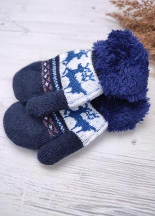 Рукавиці дитячі р. 1-4❄️ подвійні рукавички на шнурівці утеплені ворсовим хутром з шнурівкою - в'язані варежки з оленями 🦌5 фото