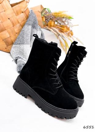 Черные натуральные замшевые зимние ботинки на шнурках шнуровке толстой подошве зима замша9 фото