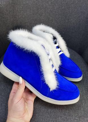 Сині хайтопи черевики norka 🐀 електрик замш натуральне хутро норки зима осінь1 фото