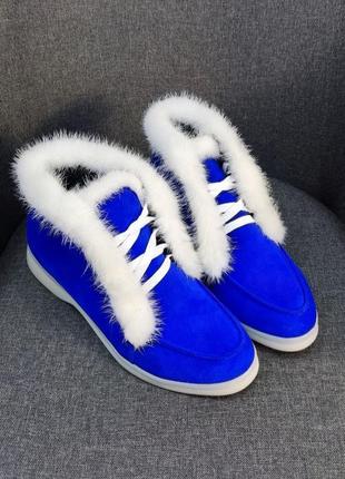Сині хайтопи черевики norka 🐀 електрик замш натуральне хутро норки зима осінь2 фото