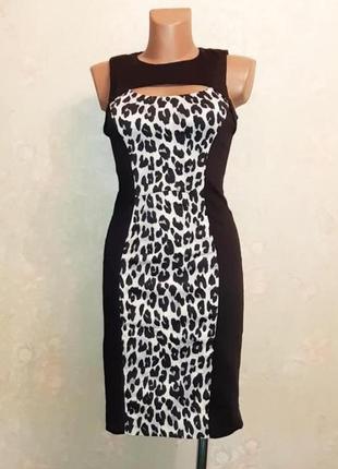 🌿1+1=3 черное платье футляр миди с леопардовой вставкой french connection, размер 42 - 44