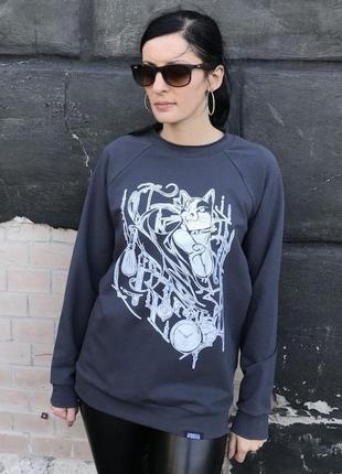 Женский серый свитшот с принтом кошки