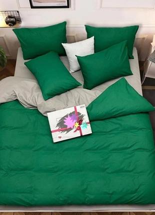 Сімейний однотонний комплект постільної білизни "сірий, зелений смарагдовий", бязь голд люкс "віталіна"