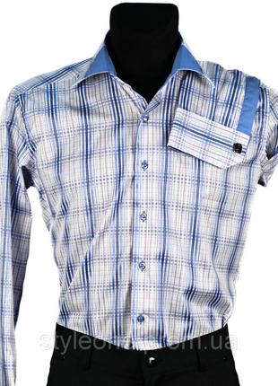 Мужская рубашка "pierre martin". синяя клетка(длинный рукав)
