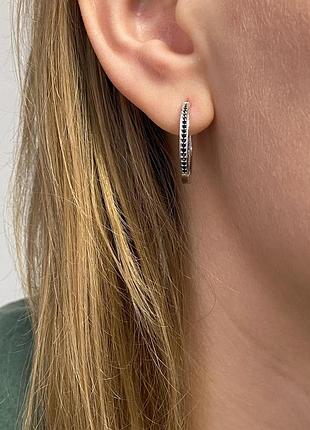 Срібні сережки з чорним фіанітом , пандора, 925