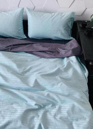 Полуторный комплект постельного белья " бирюзовый, графитовый, салатовый ", страйп сатин  "виталина"
