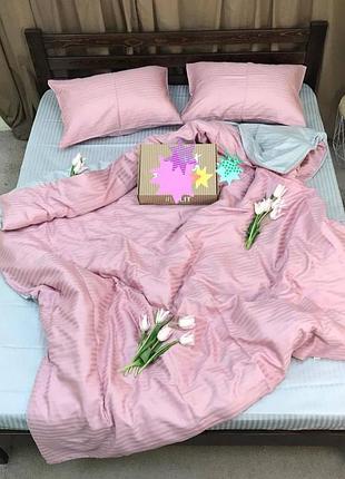 Полуторний комплект постільної білизни "розовий, сірий", страйп сатин "віталіна"
