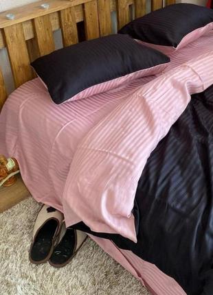 Двуспальный комплект постельного белья " черный, розовый ", страйп сатин  "виталина"