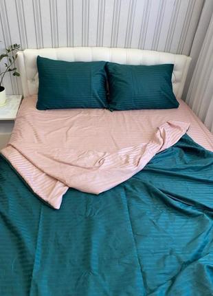 Двуспальный комплект постельного белья " зеленый, розовый, изумрудный ", страйп сатин  "виталина"