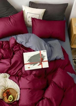 Двуспальный однотонный комплект постельного белья " бордовый, серый ", бязь голд  люкс "виталина"