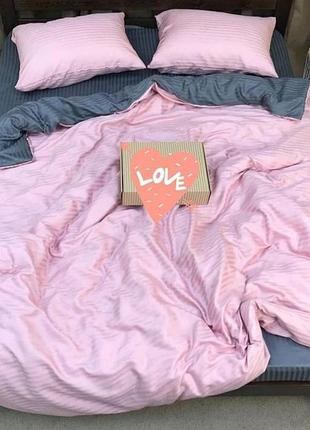 Полуторний комплект постільної білизни " рожевий, сірий, графітовий ", страйп сатин "віталіна"