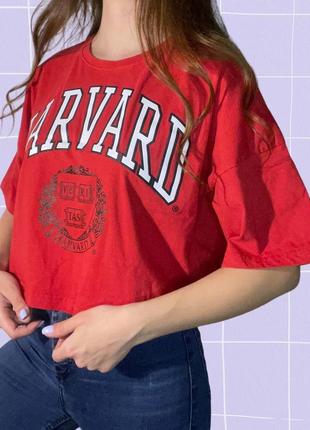 Красная короткая футболка с принтом harvard в американском стиле