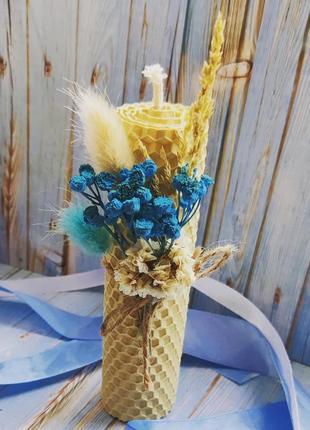 Свеча из вощины с сухоцветами в зимних оттенках